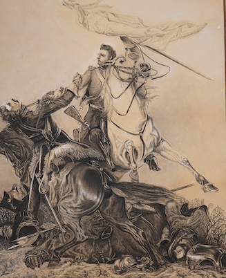 After Sir Edwin Landseer, RA (British, 1802-1873), pencil and heightened white, 'Laying down the law' together with ‘The Fight in the Standard’, after Richard Ansdell (British, 1815-1885), largest 44 x 35cm. Condition -